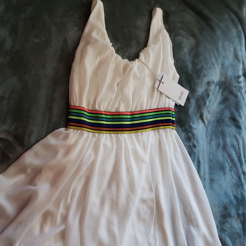 NWT White High low dress with colourful waist